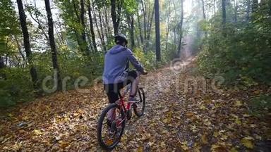 骑自行车的人在森林里<strong>经过</strong>. 骑自行车的人在森林里<strong>经过</strong>. 慢动作